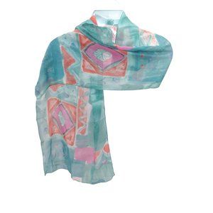 Vtg. Italy sheer polyester pastel watercolor Geometric 58"x15" rectangular scarf